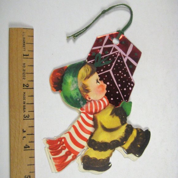 Christmas Card 1950 Used Greeting MOD Boy Walking Carrying Gifts Foil - Picture 5 of 6
